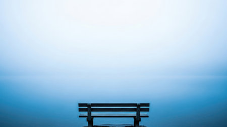 Solitary wooden bench faces serene, foggy lake. Minimalist landscape with vast water and sky. Peaceful and contemplative atmosphere. Empty seat inviting reflection. Blue and grey tones create tranquil mood. Calm environment for quiet thoughts. Outdoor solitude and natural beauty. Horizon disappearing in mist.の素材