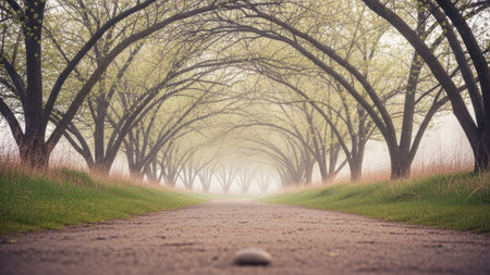 Enchanting tree-lined tunnel pathway. Misty atmosphere creates a mystical and serene landscape. Arched trees form a natural canopy overhead. Dirt road stretches into the distance. Green grass flanks the path. Early morning fog in a tranquil forest. Pathway through an ancient woodland. Picturesque natural archway. Solitude in a beautiful outdoor setting.の素材