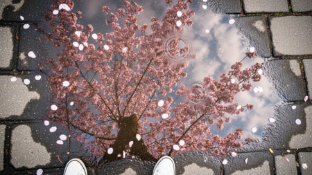 Reflection of a cherry blossom tree in a puddle on a stone path, with white shoes at the bottom of the frame. Pink petals are scattered around and on the water's surface, creating a beautiful spring scene with ripple effects.の素材