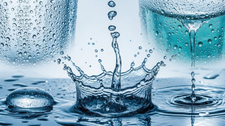 Close up view of several water droplets on a blue surface. Water creating various splash and ripple patterns. Droplets forming abstract shapes. Blue liquid surface with falling water. Dynamic water movement with reflections and refractions. Fluid art with splash and crown. Wet texture with condensation and moisture. Clear liquid with bubbles and rings.の素材
