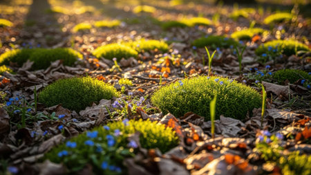 Sunlit forest floor. Vibrant green moss. Small blue flowers. Fallen autumn leaves. Nature landscape. Woodland scene. Spring awakening. Dappled sunlight. Natural beauty. Outdoor environment. Bright moss clusters. Tiny blue blossoms. Forest ground texture. Warm light ambiance. Tranquil wilderness. Peaceful natural setting. Detailed ground view. Fresh forest growth. Earthy tones. Seasonal change.の素材
