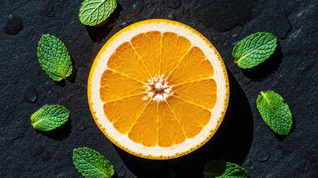 Bright orange slice; fresh mint leaves; dark background; water droplets visible; citrus fruit; healthy ingredients; refreshing elements; contrasting colors; natural light; top view composition.の素材