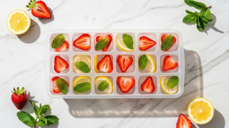 Ice cube tray filled with fresh fruit and mint leaves. Strawberries, lemon slices, and mint are ready to be frozen. Arranged on a white marble surface with additional fruits. Refreshing and decorative addition to drinks.の素材
