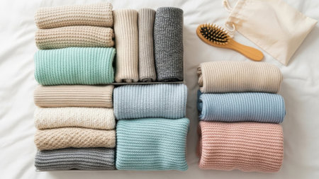 Overhead view of neatly folded knitted sweaters. Various pastel colors including beige, grey, blue, green, and pink. Organized for efficient storage. Comb with pouch nearby. Cozy and warm clothing items. Perfect for cool weather or home organization.の素材
