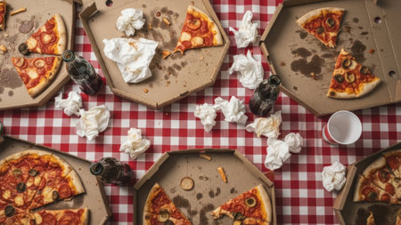 Overhead view of a casual pizza party aftermath with open cardboard boxes, half-eaten pizza slices, crumpled napkins, and bottles of soda on a vibrant red and white checkered tablecloth. This scene captures relaxed dining and delicious food, with various pizza types like pepperoni and plain cheese visible, ideal for illustrating casual gatherings, food enjoyment, and family meals.の素材