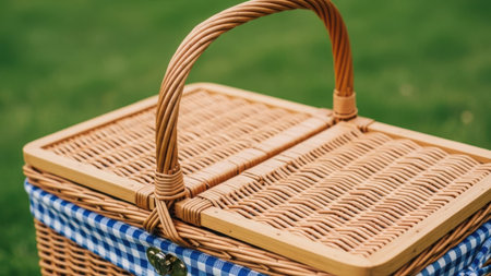 Wicker picnic basket with blue and white checkered fabric on green grass background. Traditional outdoor eating accessory with handle and lid. Ready for summer picnic, leisure, and relaxation. Natural material, woven texture, and rustic charm. Park, field, or garden setting for fun meal.の素材
