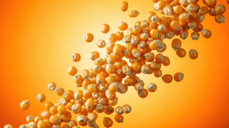 Corn seeds flying in the air on an orange background. 3d renderingの素材