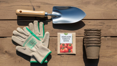 Gardening tools on a wooden background. Top view with copy space.の素材