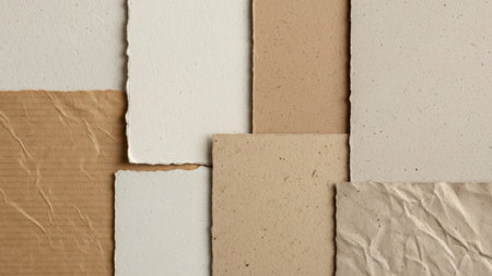 Recycled crumpled paper background. Old brown and beige paper texture.の素材