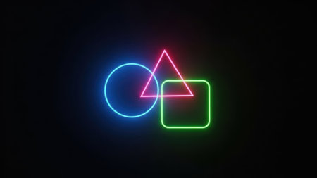 d illustration of three-dimensional geometric shapes with red, blue and green colors on black backgroundの素材