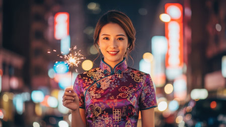 Beautiful asian woman in cheongsam dress holding sparklers in the cityの素材