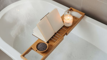 top view of book and candle on white bathtub in modern bathroomの素材
