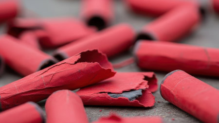 Red firecrackers scattered, some torn. Close-up of firecrackers on concrete. Used firecrackers detail. Textured red paper remnants.の素材