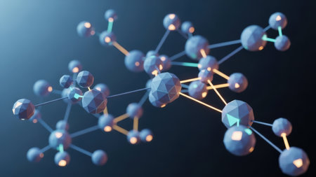 Molecular structure spheres; network concept; scientific connection; abstract technological background; atoms and bonds representation; innovation idea.の素材