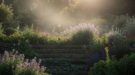 Sunlight streams through garden foliage, highlighting vibrant flowers and lush green plants on tiered beds.の素材