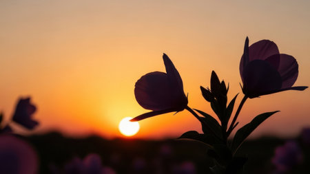 Dark silhouette of purple flowers in front of a bright orange sunset.の素材