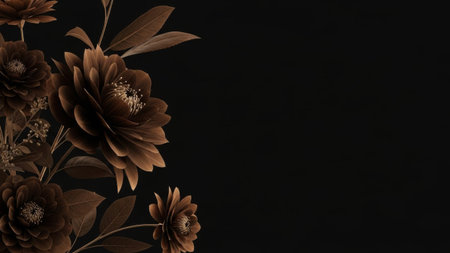 Delicate bronze flowers and leaves arranged on dark background. Elegant floral design.の素材