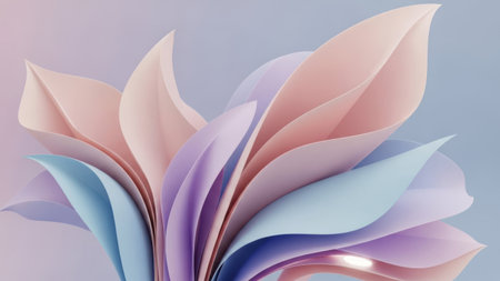 Modern abstract flower sculpture with layered pastel paper petals in pink, purple, and blue huesの素材