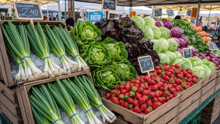 Fresh spring onions and leafy greens like lettuce and cabbage, alongside juicy strawberries, displayed at an outdoor market stall.の素材
