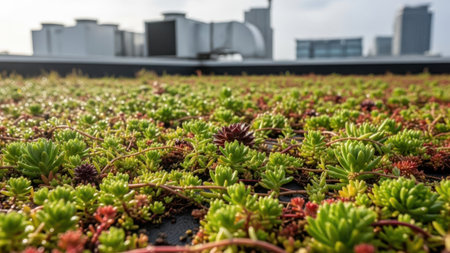 Low angle shot of sedum plants covering roof surface lush groundcover with city buildings background texture urban ecologyの素材