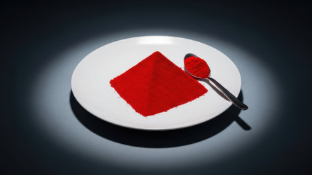 Red chili powder pile on ceramic plate. Spicy condiment seasoning and metal spoon. Culinary ingredient food photography.の素材