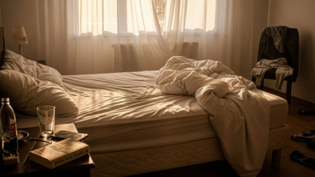 Messy bedroom interior bathed in soft morning light. Crumpled blanket and pillows on unkempt bed. Bedside table objects.の素材
