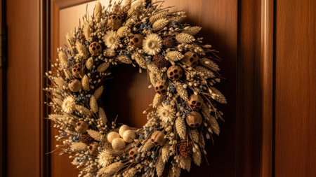 Autumn wreath made of dried flowers, grains, and seed pods. Rustic decoration hanging on wood door.の素材