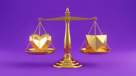 Balance scale with shiny gold heart opposed to faceted cube object, metaphor for value choiceの素材