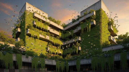 Concrete building facade, abundant green foliage, vines cascading, birds flying, urban nature, sustainable architectureの素材