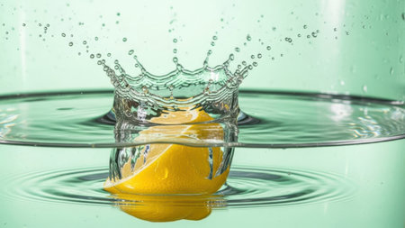 Fresh lemon dropped into water, high speed photography, refreshing, citrus fruitの素材