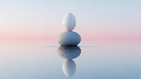 White egg balanced on grey pebble in water with pastel sky. Zen, balance, harmony, meditation, serenity, peace, simplicity.の素材