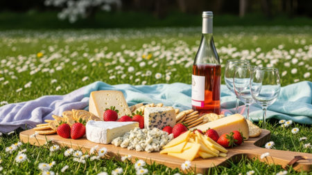 Delicious charcuterie spread with various cheeses crackers strawberries and rosの素材