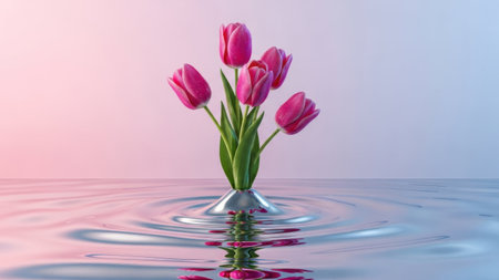 Beautiful pink tulips in stylized silver vase, water ripples reflecting soft gradient light, studio floral artの素材