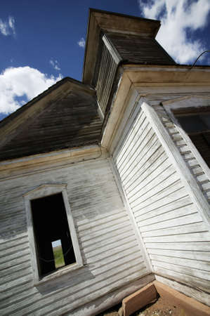 Abandoned church from the ground looking up with a very wide lens.の写真素材