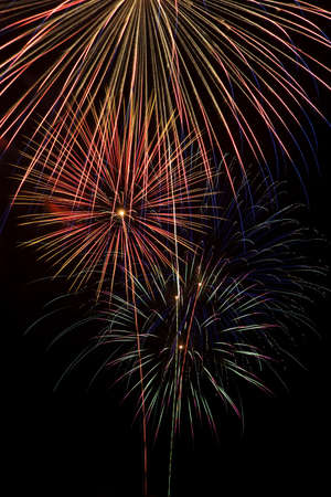 Long exposure closeup of a multiple fireworks explosions