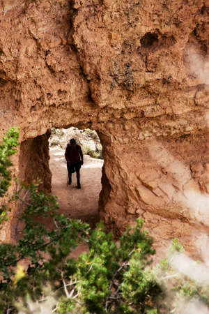Hiker on Bright Angel trail in the Grand Canyon from aboveの写真素材