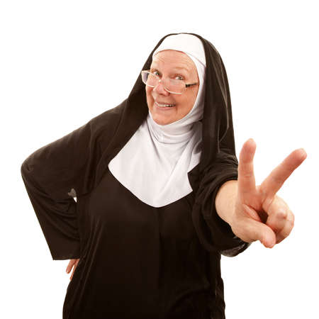 Funny nun making peace sign with her handの写真素材