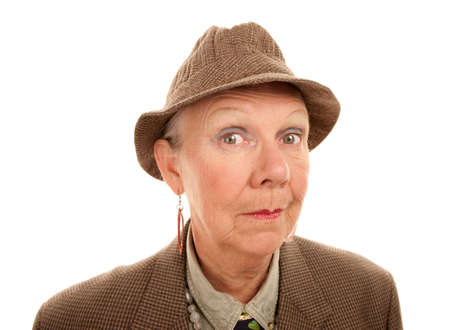 Senior woman in drag on white backgroundの写真素材