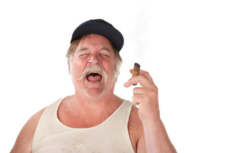 Big man with cigar and hat laughing loudlyの写真素材