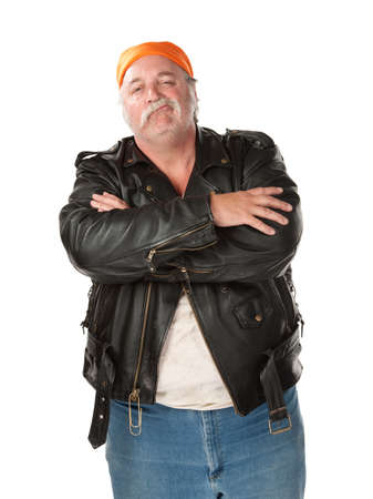 Smirking biker gang member with leather jacket Smirking biker gang member with leather jacket