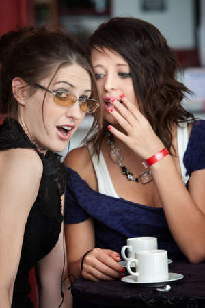 Two friends gossiping at a coffee houseの写真素材