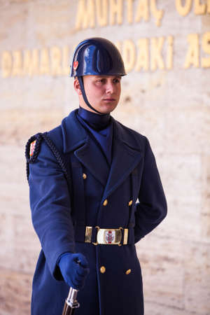 ANKARA, TURKEY â APRIL 15: Turkish guard at Mausoleum of Mustafa Kemal AtatÃ¼rk, the leader of the Turkish War of Independence on April 15, 2012 in Ankara, Turkey prior to Anzac Day.  Turkish people thank and remember allies from Australia and New Zealaのeditorial素材