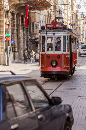 ISTANBUL, TURKEY â APRIL 28: Trolley car on busy street on April 28, 2012 in Istanbul, Turkey.  Each year patriotic Turks honor those fallen at the battle of Galipoli during World War I.のeditorial素材