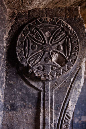Greek style Christian cross carved in Cappadocia cave churchの写真素材