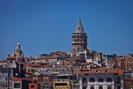 Colorful Galata Tower and neighborhood in European Istanbulの写真素材