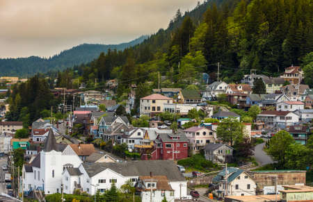 Birds eye view on historic residential neighborhood in Ketchikan Alaskaの写真素材