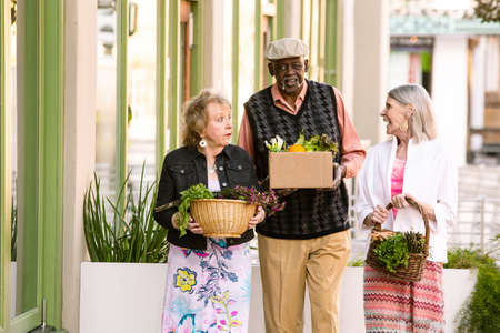 Smiling seniors returning with produce from farmers marketの写真素材
