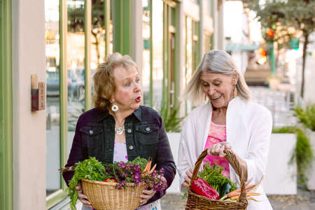Two senior women returning with produce from farmers marketの写真素材