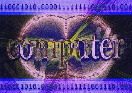 Abstract textured illustration showing bio computer and the hands of a scientist who works to study the human bodyの写真素材