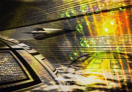 Flight of the aircraft through the tunnel, abstract illustration, scene of a fantastic military projectの写真素材